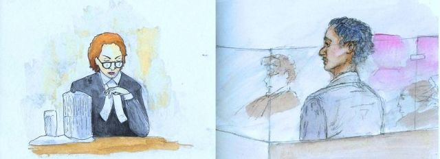 لأن التصوير ممنوع بالمحكمة، فقد رسموه ينظر في الجلسة الى القاضية مارغوت فليمينغ
