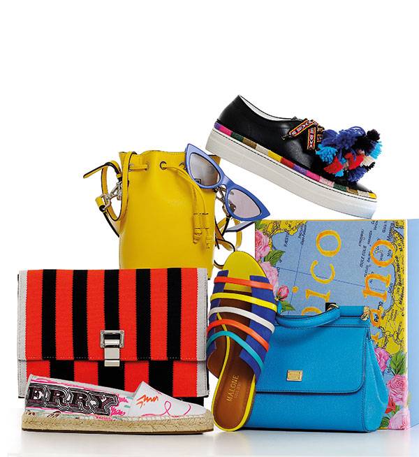 من الأعلى • حذاء من Etro • حقيبة صفراء من Fendi • نظارات من D&G • حقيبة مخططة من Proenza Schouler • حذاء خفيف من Malone • حقيبة زرقاء من D&G • حذاء من Burberry