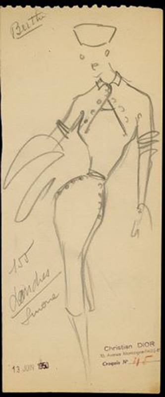 DIOR V&A Sketch by Christian Dior for model Londres, Autumn Winter 1950 Haute Couture collection Christian Dior