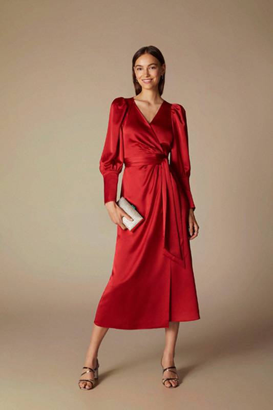 satin wrap dress red
