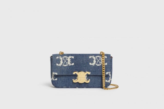 CHAIN SHOULDER BAG TRIOMPHE IN DENIM WITH TRIOMPHE ALL OVER