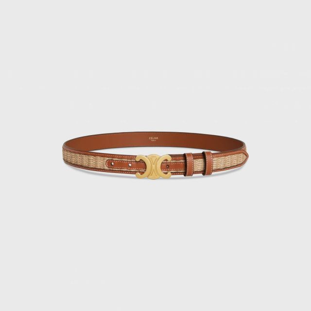 MEDIUM TRIOMPHE BELT IN TEXTILE WITH RAFFIA EFFECT AND TAN SMOOTH CALFSKIN