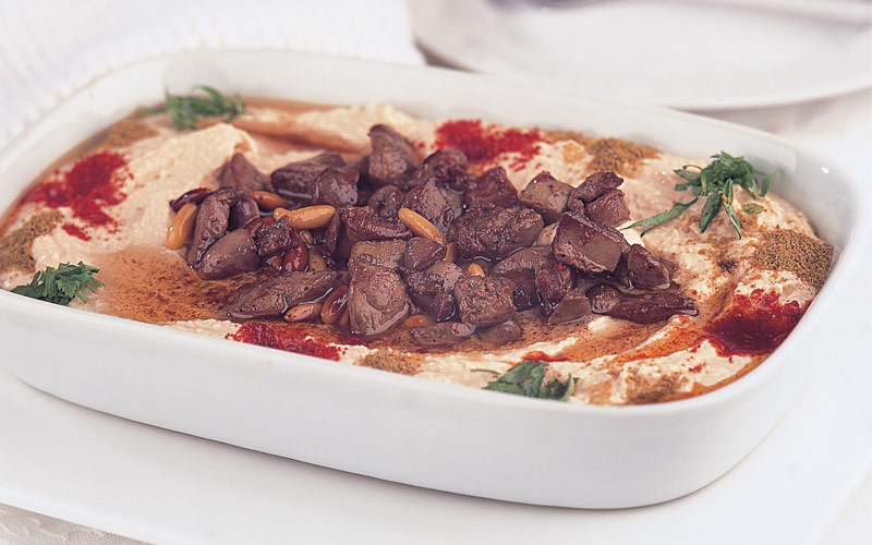 حمص بالطحينة مع السودة المقلية