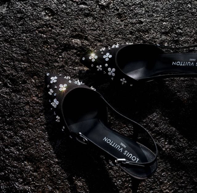 BLACK EMBROIDERED SATIN BLOSSOM SLINBACK PUMP
