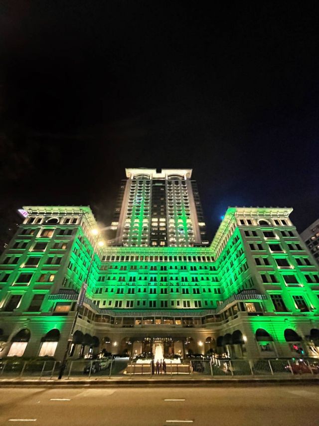 The Peninsula Hong Kongs elegant faade  will be bathed in vibrant green light in the shape of threel