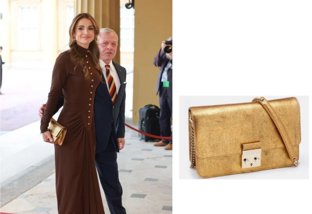 الملكة رانيا بحقيبة Miss Dior’ Metallic Gold Crinkled Leather Shoulder Bag من ديور Dior