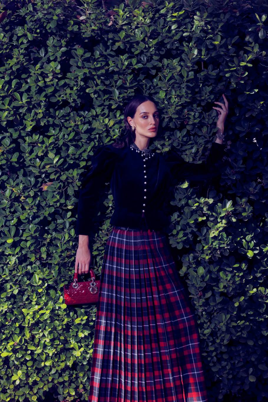 أقراط، حقيبة Lady D-Joy باللون الأحمر، سترة من المخمل المطرّز وتنورة Check n Dior من Dior أقراط، حقيبة Lady D-Joy باللون الأحمر، سترة من المخمل المطرّز وتنورة Check n Dior من Dior