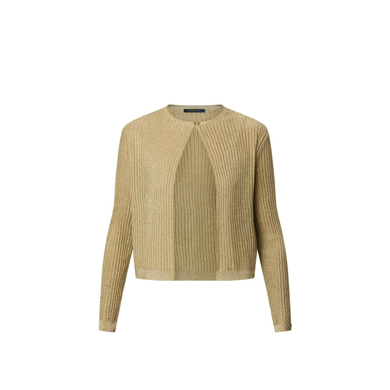 Cardigan crafted from metallic gold fabric with a golden LV flower button at the collar Cardigan crafted from metallic gold fabric with a golden LV flower button at the collar