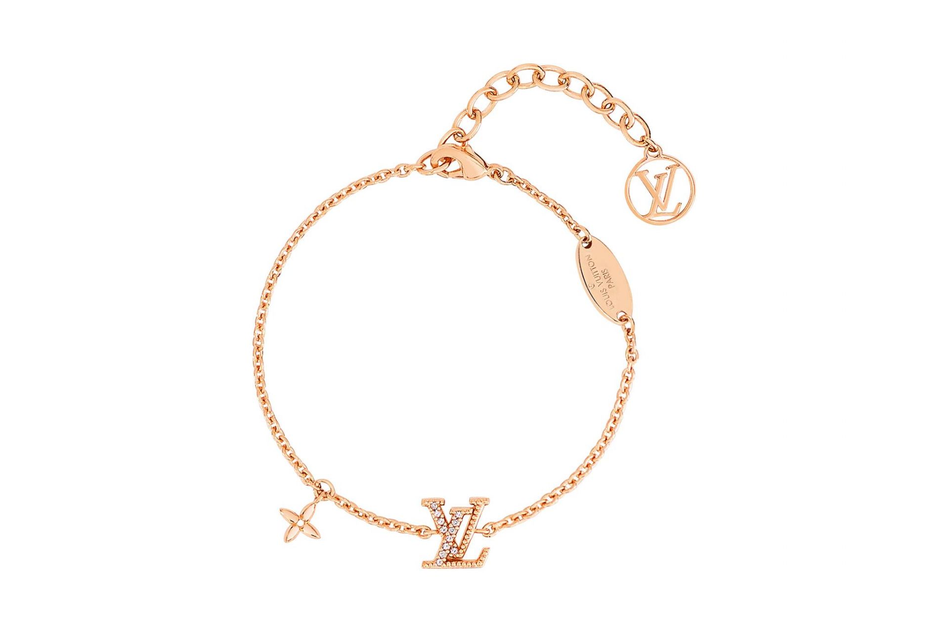 L Iconic Blush Bracelet in pink gold brass and a rhinestone finish Front view L Iconic Blush Bracelet in pink gold brass and a rhinestone finish Front view