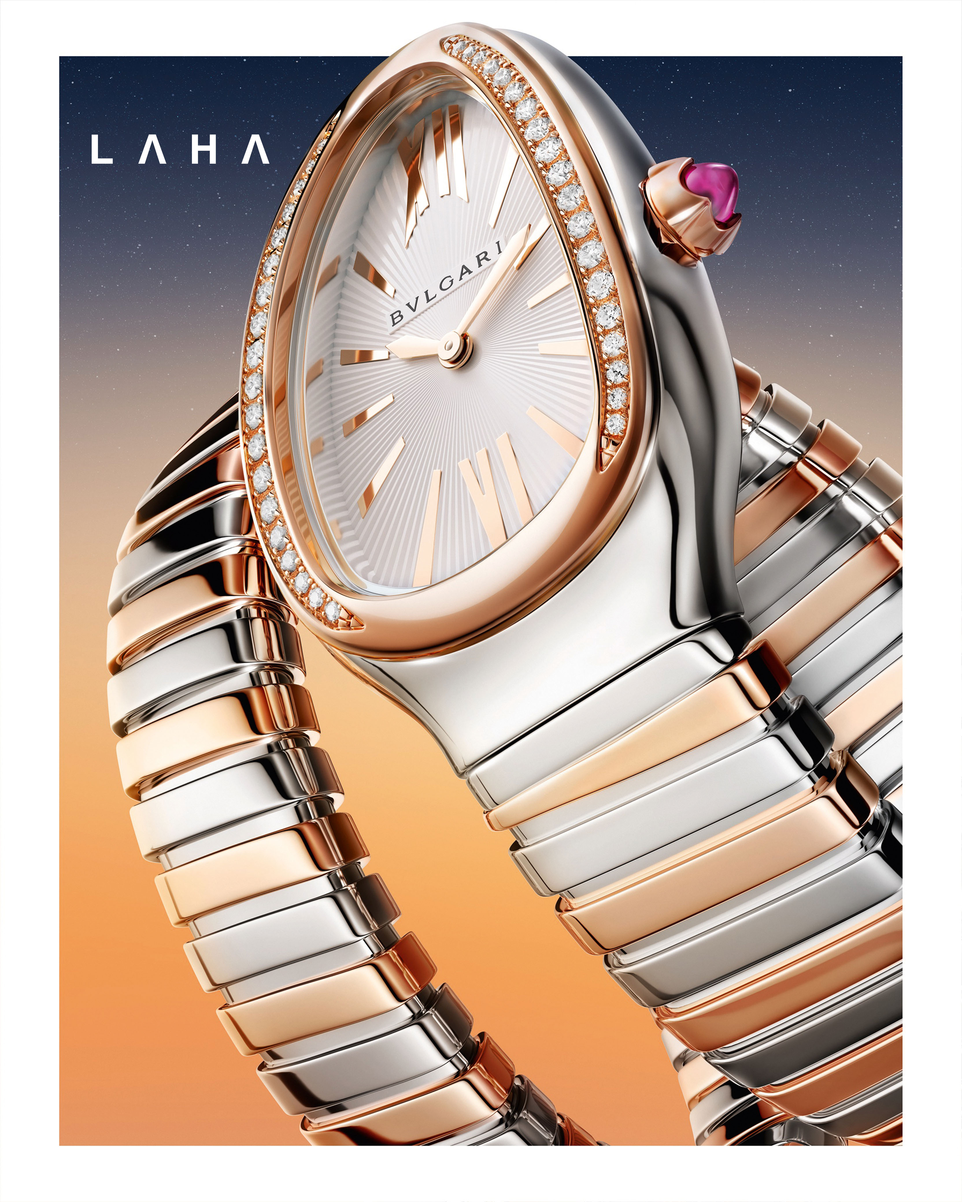 ساعة Serpenti Tubogas Single Spiral مع علبة من الستانلس ستيل، Bezel من الذهب الوردي مرصع بالماس المقطع، قرص من الأوبالين السيلفر، سوار من الستانلس الستيل والذهب الوردي 18 قيراط من Bvlgari 