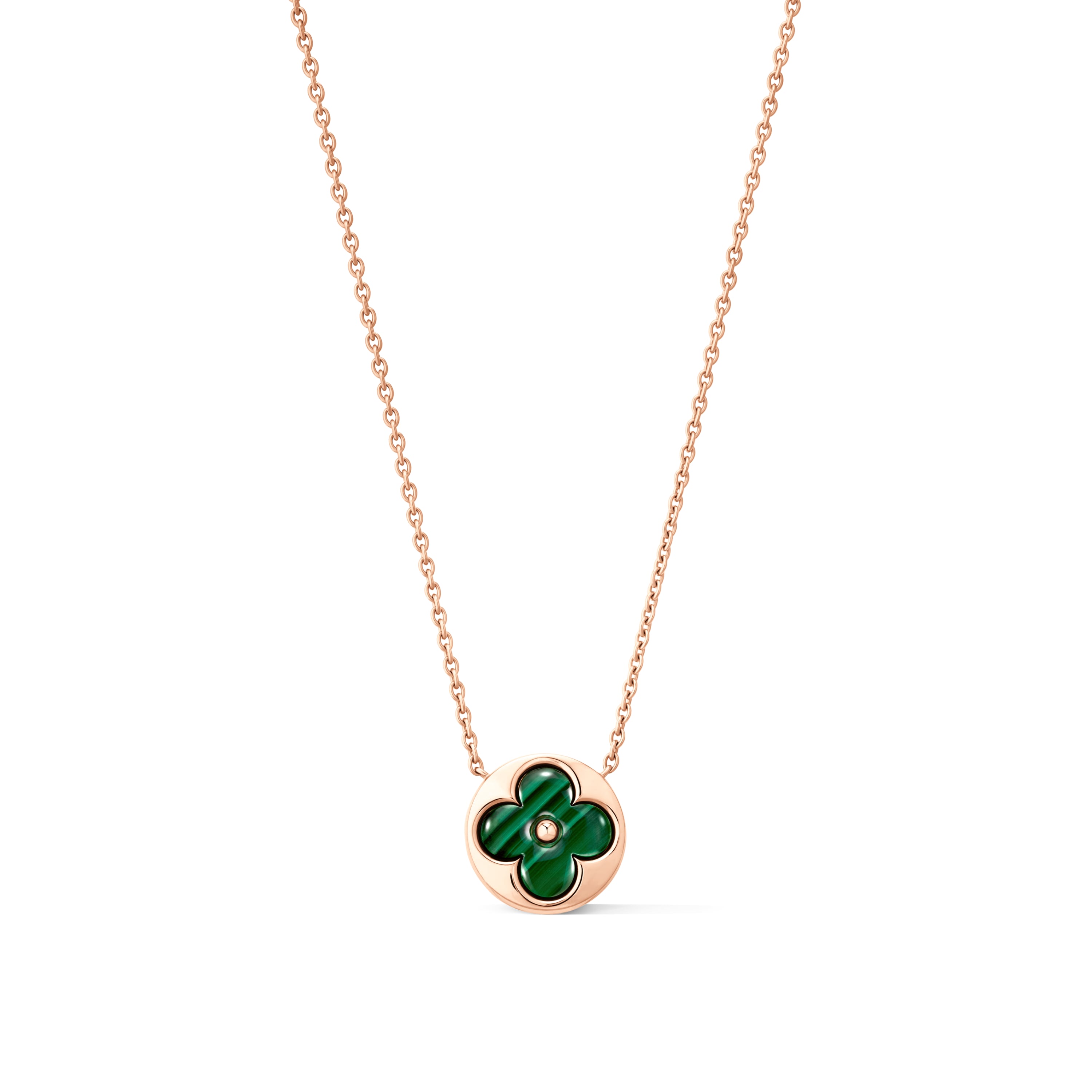 قلادة "كولور بلوسوم" من حجر الملاكيت على شكل شمس، مطلية بالذهب الوردي. من مجوهرات لويس فويتون الفاخرة.