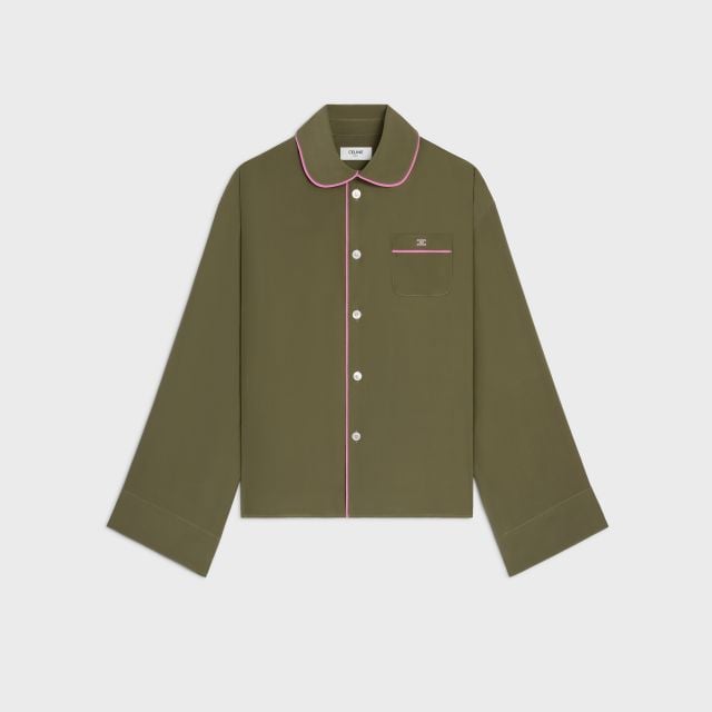 قميص بيجاما من الساتان الحريري باللون الكاكي العسكري