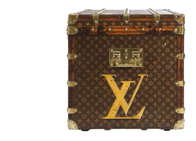 Ladies’ Trunk [110 × 56 × 57 cm] in Monogram Canvas, personalized with the LV logo painted in yellow on the side, 1910 – side view, closed-