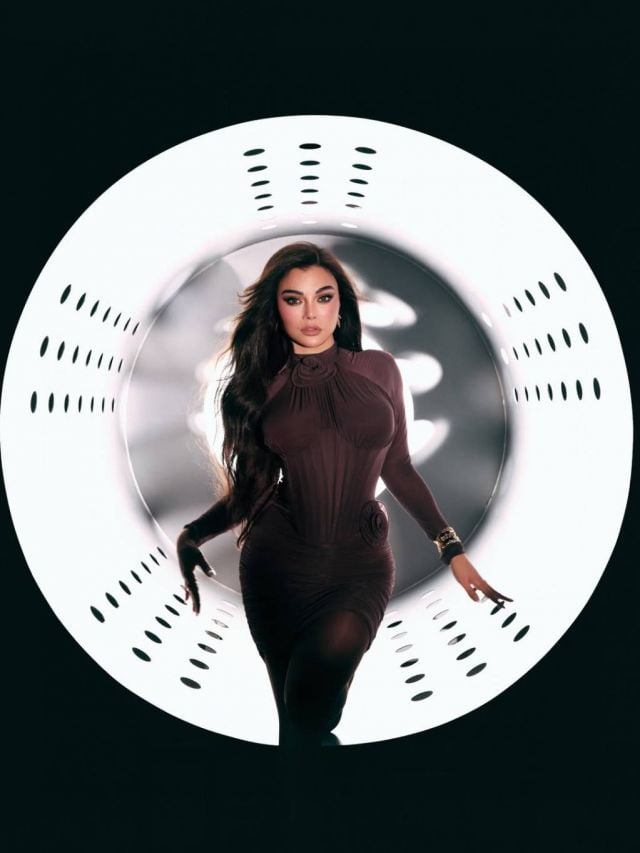 هيفاء وهبي بفستان ضيّق أنثوي بنّي اللون 