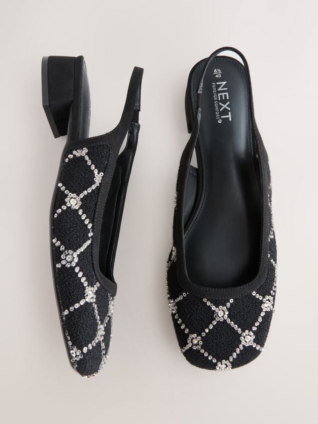 حذاء سيلينغ باك أسود من التويد بمقدّمة مربعة