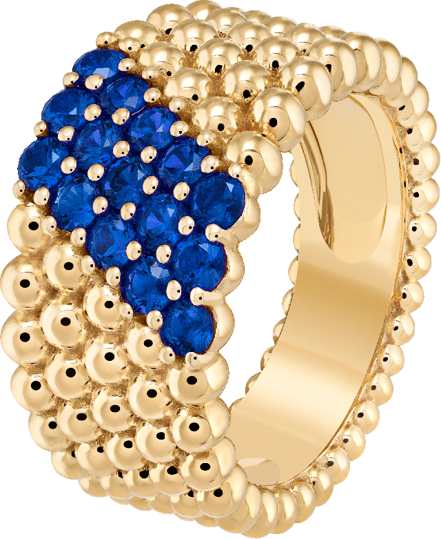 خاتم لؤلؤي بالألوان، 5 صفوف، ذهب أصفر، ياقوت أزرق