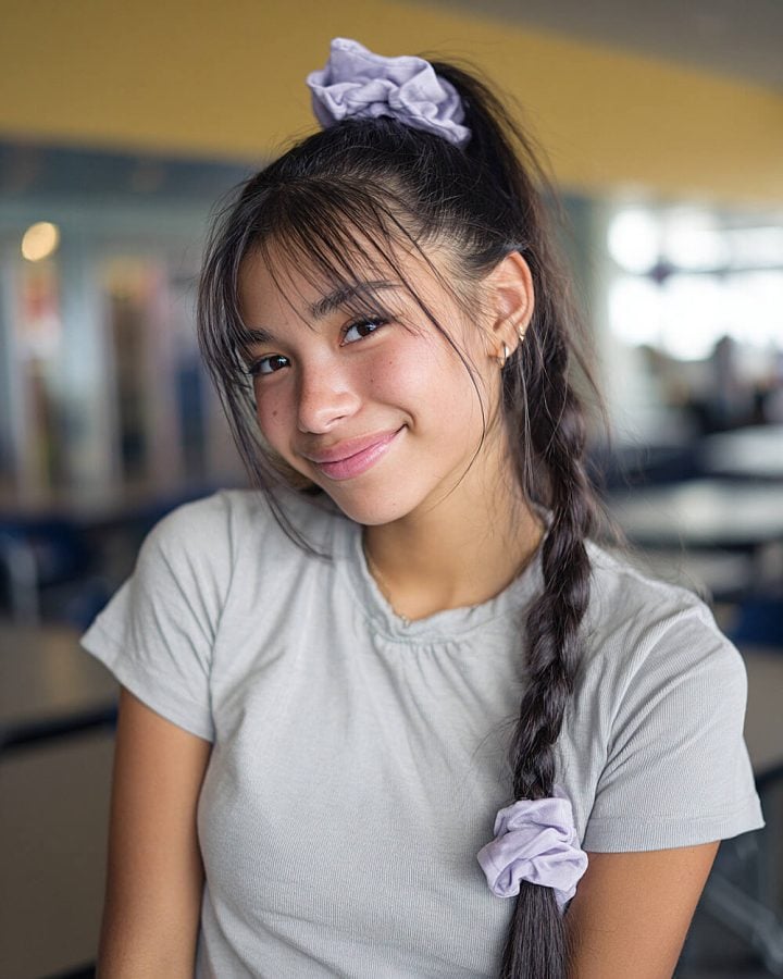 تسريحة ذيل حصان مرتفعة مضفرة مع غرة جانبية