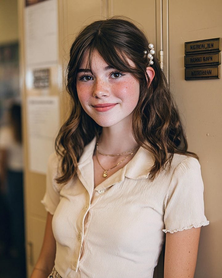 تسريحة ويفي ناعمة مع غرة جانبية- تسريحات أطفال للمدارس