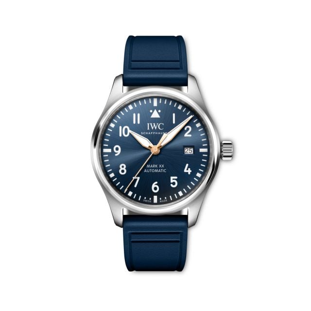      IWC Pilot’s Watch Mark XX in stainless steel with a blue dial and matching rubber strap 