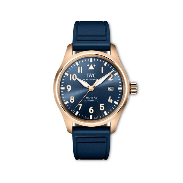      IWC Pilot’s Watch Mark XX in 18-carat gold with a blue dial and matching rubber strap 