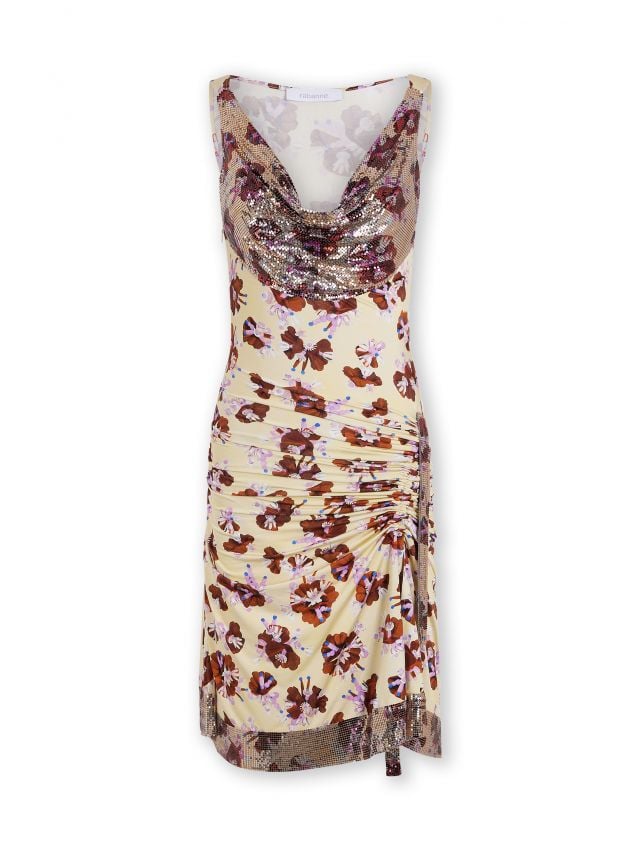 Cream red draped mini dress with mesh metail details