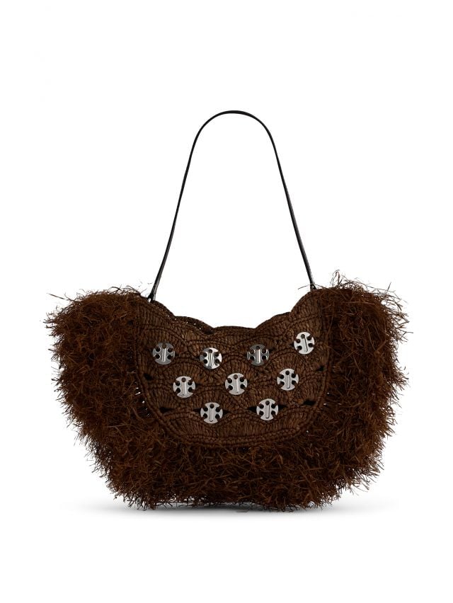 Dark brown large moon bag in raffia