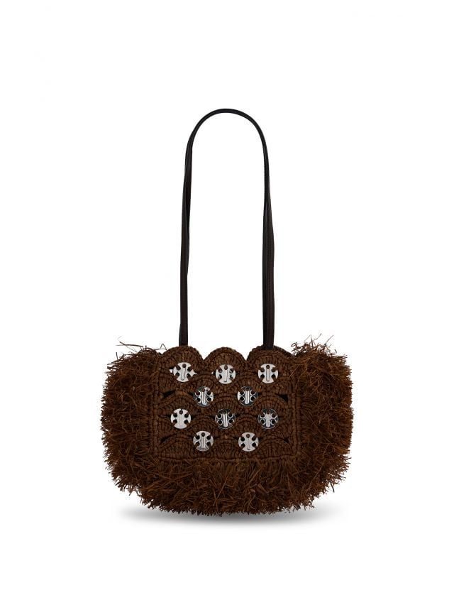 Dark brown moon bag in raffia