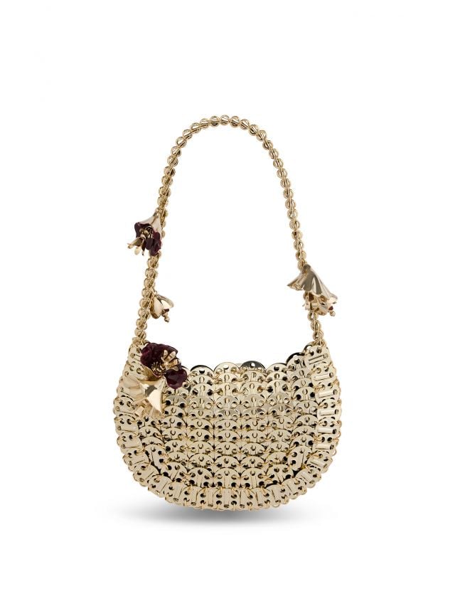Gold 1969 moon bag with burgundy flowers charms