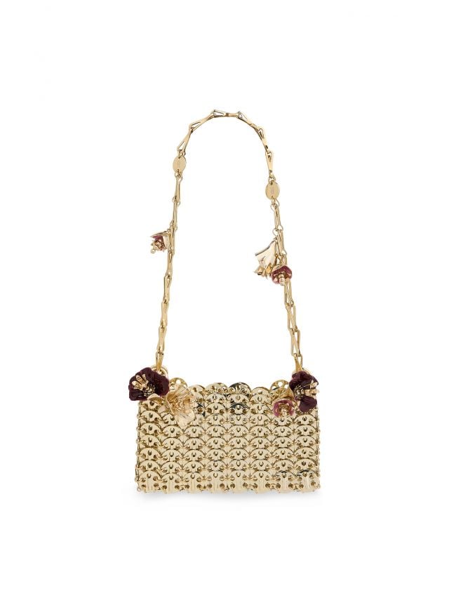 Gold 1969 nano bag with burgundy flowers charms