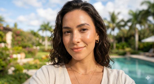 عارضة تظهر صيحة مكياج نو ميك اب (No-Makeup look) الصيفي ببشرة مضيئة ونضرة في ضوء النهار الطبيعي