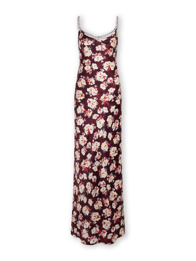 Purple yellow flowers printed long dress in satin