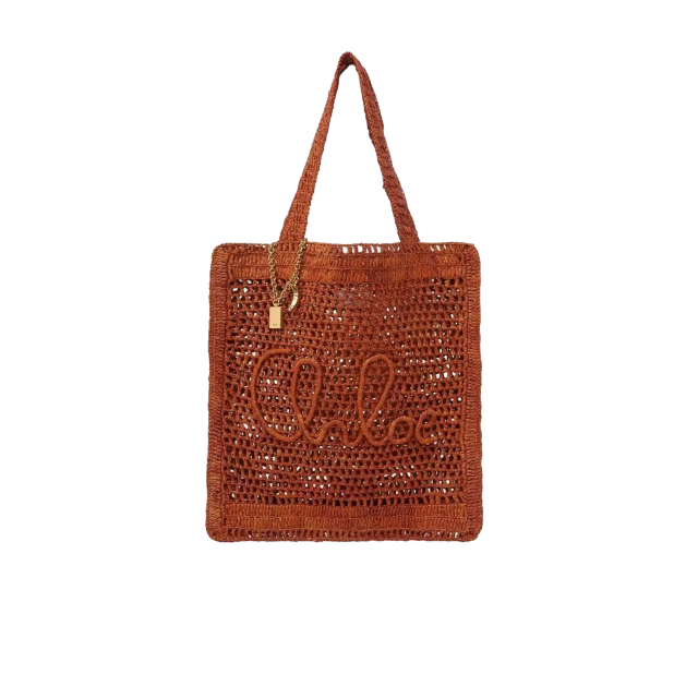 chloe summer banana tote bag raffia clay -brown front