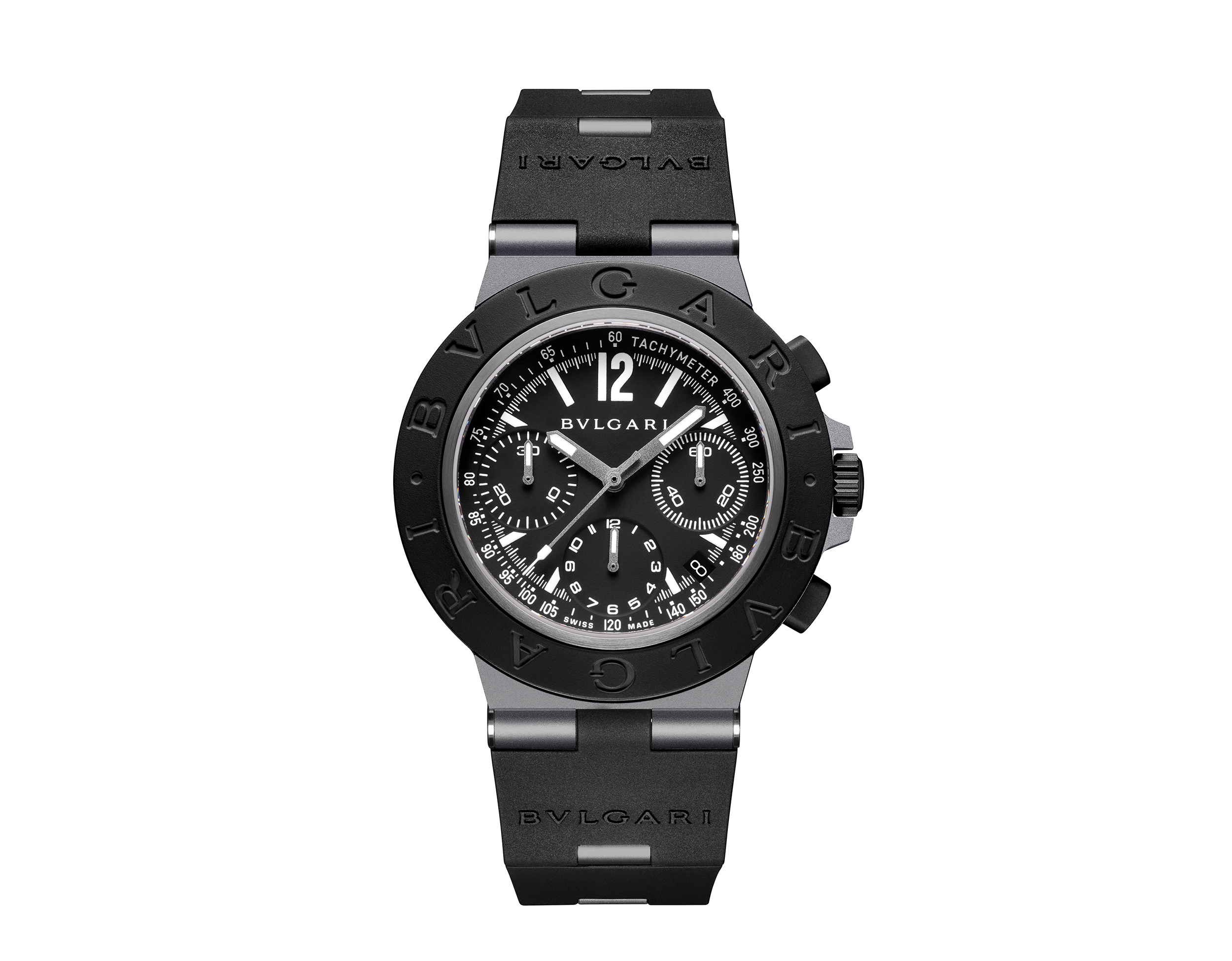 Bvlgari Titanio Chronograph بتصميم رياضي عصري يجمع خفة التيتانيوم وأناقة التفاصيل السوداء. Bvlgari Titanio Chronograph بتصميم رياضي عصري يجمع خفة التيتانيوم وأناقة التفاصيل السوداء.