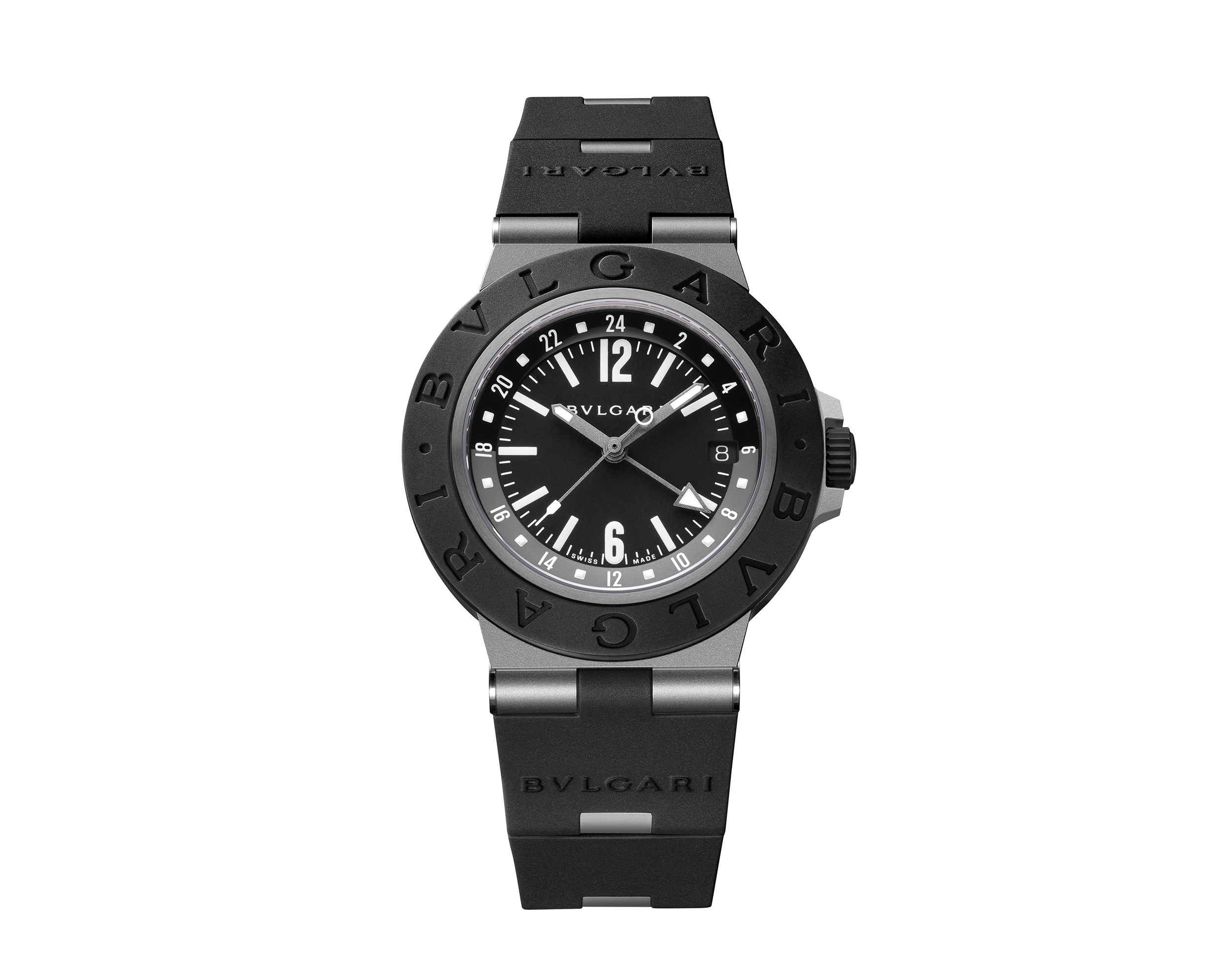 Bvlgari Titanio GMT بتصميم أسود عصري يجمع خفة التيتانيوم ووظيفة التوقيت المزدوج. Bvlgari Titanio GMT بتصميم أسود عصري يجمع خفة التيتانيوم ووظيفة التوقيت المزدوج.
