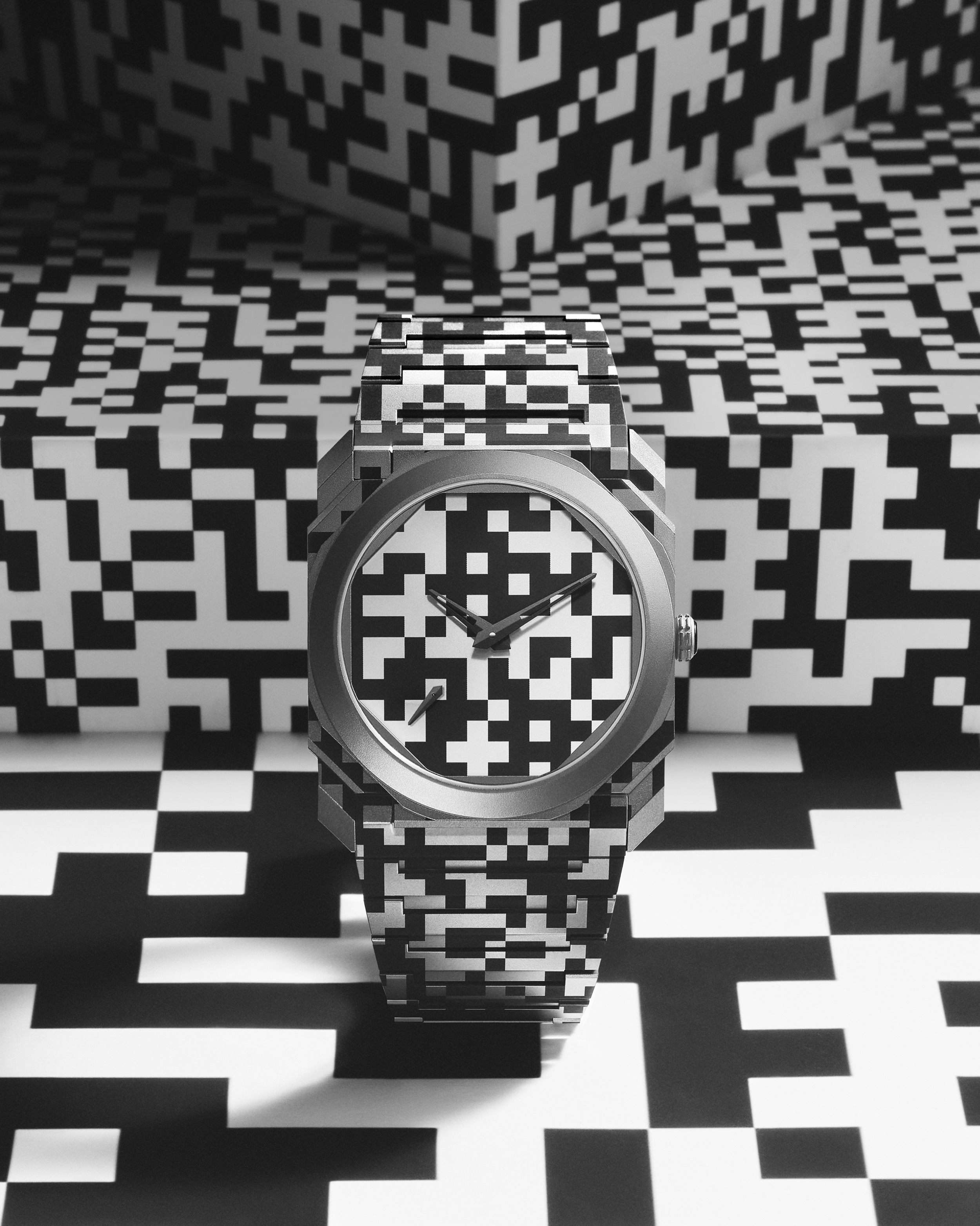 تصميم هندسي لافت يجمع بين التيتانيوم والخداع البصري في BVLGARI Octo Finissimo Dazzle. تصميم هندسي لافت يجمع بين التيتانيوم والخداع البصري في BVLGARI Octo Finissimo Dazzle.