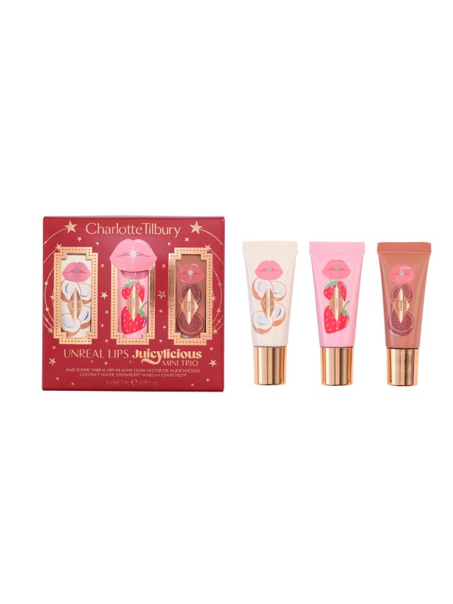 ثلاثية Mini Unreal Lip Oil المصغّرة من شارلوت تلبوري مع علبتها