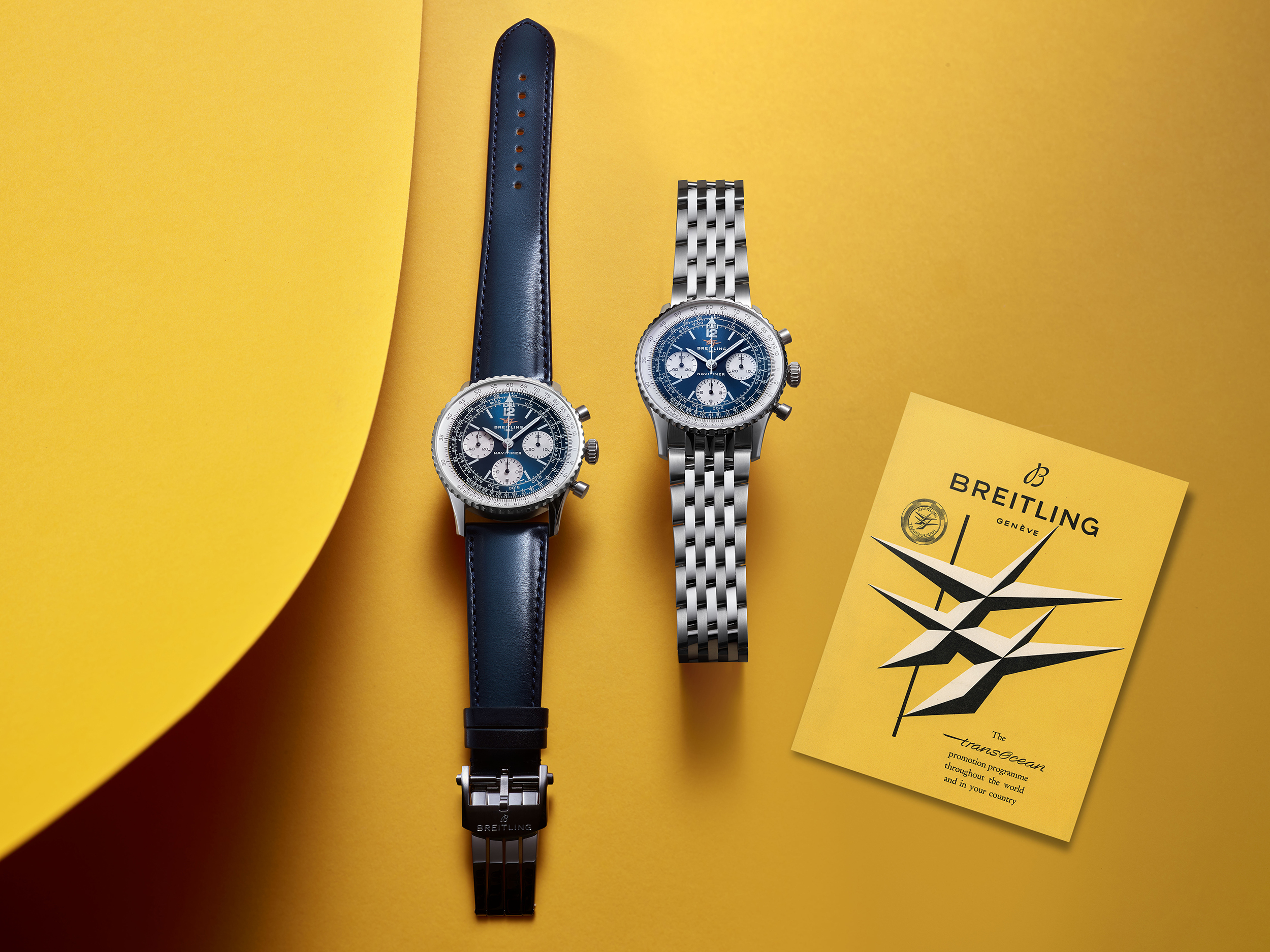ساعة Navitimer B09 Chronograph 41 من بريتلينغ بميناء أزرق وسوار يجمع بين الجلد والفولاذ ساعة Navitimer B09 Chronograph 41 من بريتلينغ بميناء أزرق وسوار يجمع بين الجلد والفولاذ