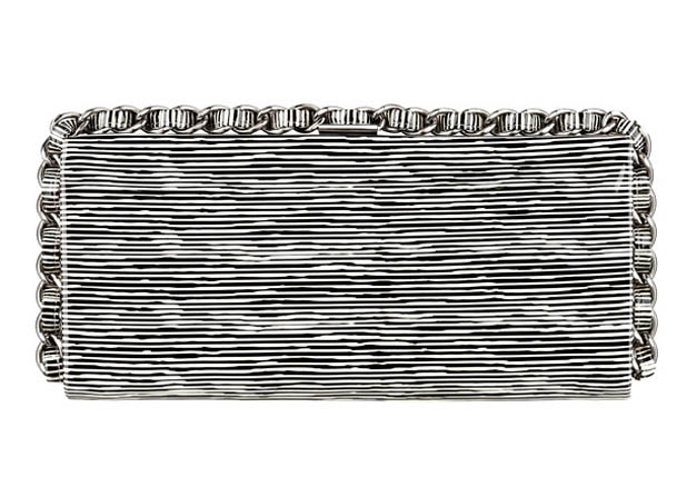 Black and ivory striped patent leather clutch bag