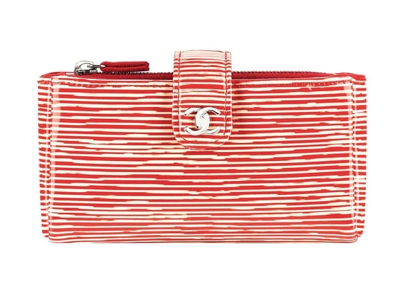 Red and ivory striped patent leather mini clutch bag