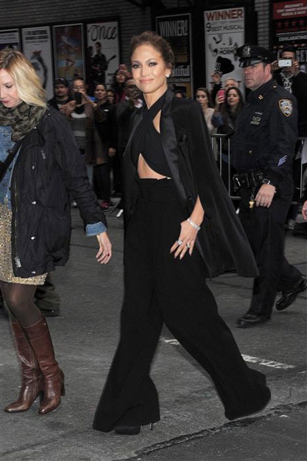 Jennifer Lopez in Noon by Noor Cape, Milly Top and Paule Ka Pants