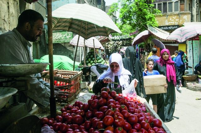 سيّدة مصرية تختار الطماطم من عربة للخضار في الشارع. وقد شهدت أسعار الخضار والفاكهة ارتفاعا أضاف أعباء جديدة على محدودي الدخل.