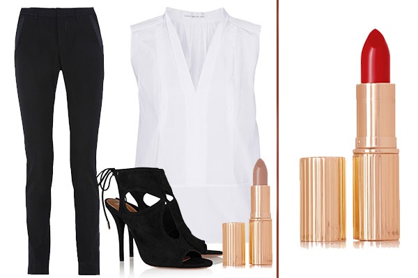 Aquazzura Sandals - Nude lipstick - Saint Laurent Pants - Victoria Beckham top - Red lipstick