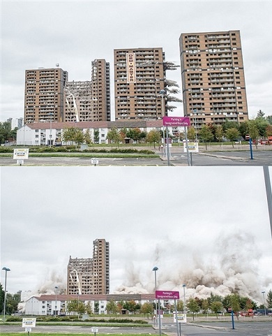 بالفيديو- لحظة هدم 3 مباني بالمتفجرات في 5 ثوان