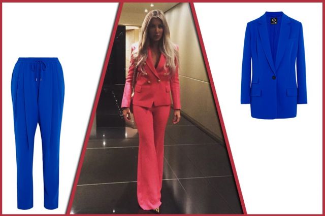 أولاً اختاري طقماً يتألف من سترة وسروال بلونٍ صارخ وجذاب لإطلالة أنيقة ومريحة وحضور مميز كالتي تألقت بها الفنانة مايا دياب.