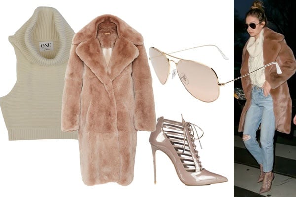 Katie Ermilio Fur Coat $4,370 - Le Silla Shoes $423 - Parisienne Nights Roll Neck $55 - Ray-Ban Sunglasses $160