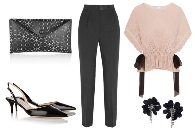 ALAÏA Clutch $970 - DOLCE & GABBANA Pants $1,195 - JIMMY CHOO Pumps $595 - Lanvin Earings $590 - REDVALENTINO Top $460