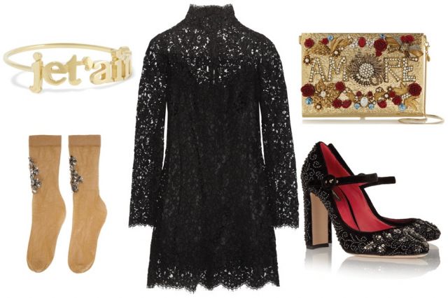DOLCE & GABBANA Clutch $7,995 - DOLCE & GABBANA Dress $2,433 - DOLCE & GABBANA Shoes $1,695 - DOLCE & GABBANA Socks $695 - JENNIFER MEYER Ring $650