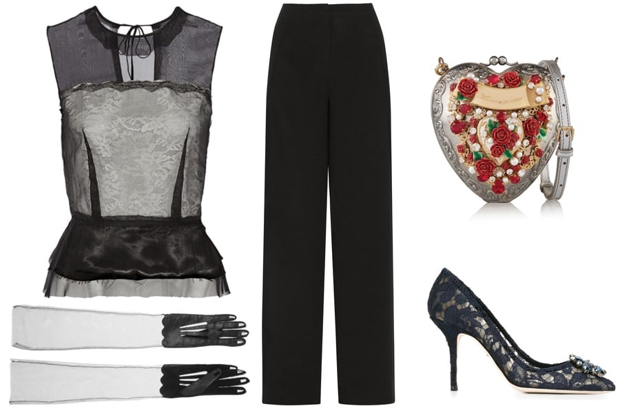 DOLCE & GABBANA Heart Clutch $14,500 - DOLCE & GABBANA Pumps $708 - ELIZABETH AND JAMES Pants $345 - MAISON MARGIELA Gloves $655 - MAISON MARGIELA Top $1,190