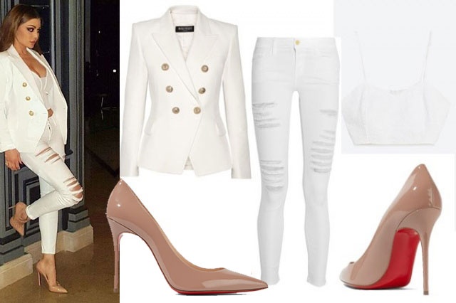 Balmain's blazer $2,375 - Christian Louboutin Pumps $675.. - FRAME DENIM $220 - Zara Crop Top $26