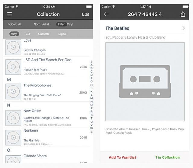 Discogs
إنه تطبيق مجاني لنظاميّ الأندوريد والآيفون. هذا التطبيق أساسي لعشاق الأسطوانات القديمة إذ يتيح للمستخدم البحث عن الأسطوانات القديمة والنادرة بسهولة فائقة